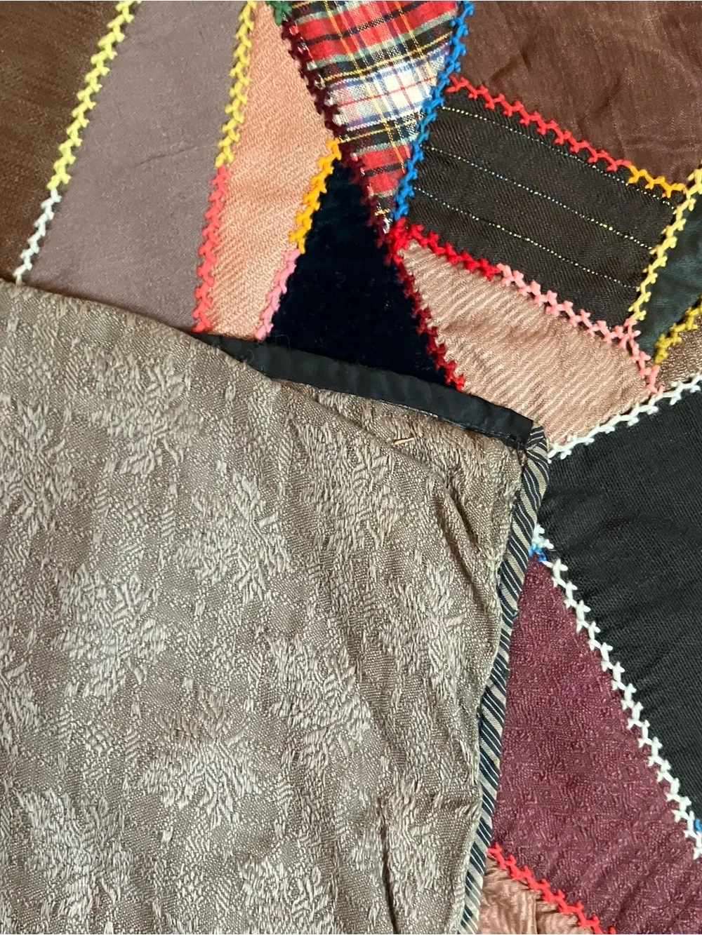 VTG Hand Pieced Embroidered Scrap Crazy 76 x 80 Quilt Farmhouse Primitive